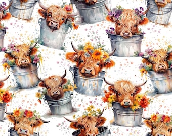 May include: Watercolor pattern featuring Highland cows with flower crowns, peeking out of metal buckets. The cows have shaggy, reddish-brown fur and long horns. The buckets are silver, and the flowers are colorful.