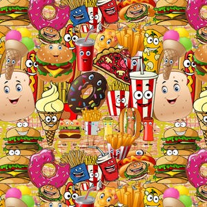 May include: A colorful cartoon pattern featuring various fast food items. Burgers, fries, donuts, pizza, ice cream cones, hot dogs, and soda cups with smiling faces are repeated across a yellow background.