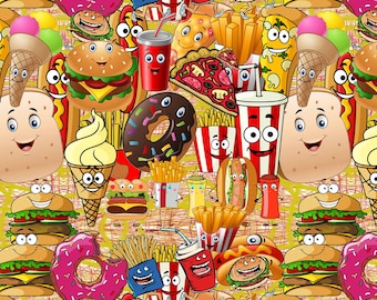 May include: A colorful cartoon pattern featuring various fast food items. Burgers, fries, donuts, pizza, ice cream cones, hot dogs, and soda cups with smiling faces are repeated across a yellow background.