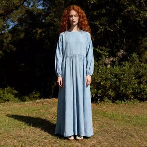 Light Blue Linen Maxi Dress, Puff Sleeve Boho Vintage Dress, Flowy Floor-Length Linen Dress for Women