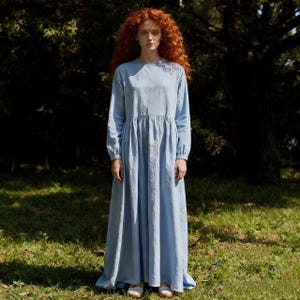 Light Blue Linen Maxi Dress: Vintage Boho Long Sleeve Gown