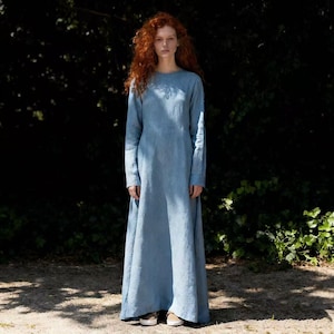 Light Blue Linen Maxi Dress: Vintage-Inspired Long Sleeve Boho Gown