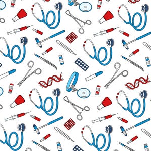 May include: A repeating pattern on a white background featuring blue stethoscopes, red and white syringes, silver surgical scissors, blue reflex hammers, thermometers, DNA strands, pill blister packs, and small red and blue medicine vials.
