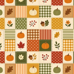 May include: A patchwork fabric pattern featuring repeating squares with autumn motifs including orange and green pumpkins, brown oak leaves, red berries, acorns, and flowers. The design incorporates various backgrounds of stripes, polka dots, and gingham.