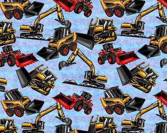 Kids Construction Vehicles Fabric, Sold by Half-Yard, 100% Cotton Fabric