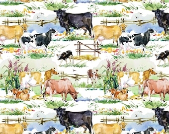 May include: Watercolor pattern featuring cows in various colors, including black, brown, and yellow, grazing in a field with a fence and flowers. The design has a repeating pattern of farm animals and rural scenery.