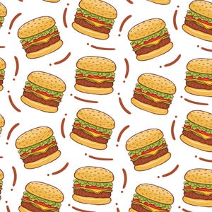 May include: A repeating pattern of illustrated cheeseburgers on a white background. Each burger features a sesame seed bun, a brown patty, a slice of yellow cheese, red tomato, and green lettuce, interspersed with small brown curved lines and dots.