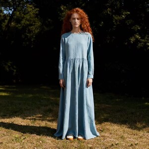 Sky Blue Linen Maxi Dress: Long Sleeve Vintage Boho Gown