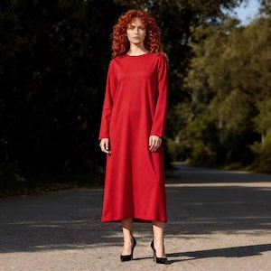 Vibrant Red Long-Sleeve Maxi Dress - Soft Oversized Loose-Fit Casual Dress for Women