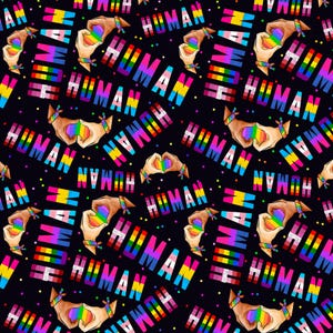 Puede incluir: Un patrón repetitivo sobre un fondo negro presenta la palabra «HUMAN» en colores arcoíris, junto con ilustraciones de manos formando corazones y sosteniendo objetos de colores arcoíris. El diseño incluye pequeños puntos de colores.