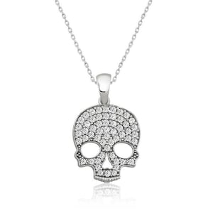 Sterling Silver Skull Necklace | 925 Silver, Zircon Stones, Rhodium Plated | Halloween Jewelry Gift