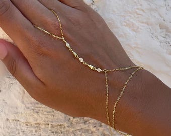 Cone and Diamond Shaped Hand Chain, 925 Sterling Silver Rhodium or Gold Plated Minimal Hand Harness, Adjustable Dainty Slave Bracelet