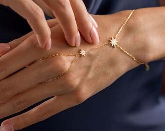 Gold Stern Hand Kettenarmband, Zierliche Finger Armband Ring Kette Minimalist Stern Schmuck für Frauen, Boho Braut Handschmuck