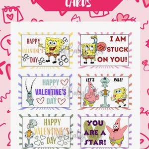 May include: Set of 8 SpongeBob Valentine's Day cards. Each card features a different SpongeBob SquarePants character with Valentine's Day themed messages like "I am stuck on you!" and "You are a star!"
