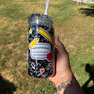 16 oz Acrylic Teacher Composition Notebook Snow Globe Tumbler | Teacher Gift | Back to School | Reusable Acrylic Cup w/Decorated Lid & Straw