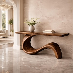 Puede incluir: Una consola de madera moderna y escultural con un diseño único y fluido. La mesa marrón oscuro presenta una base curva y una parte superior plana, que sostiene un jarrón con flores y dos libros. La mesa está en una habitación elegante y bien iluminada.