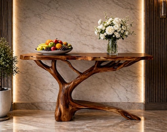 Luksusowy stolik konsolowy z organicznego orzecha włoskiego – rzeźbiarski, ręcznie wykonany element przedpokoju