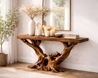 Mesa de entrada artesanal em madeira de raiz