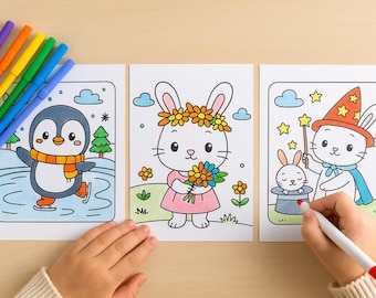 40 Kawaii Animal Coloring Pages for Kids, Cute Creatures Printable Activity Book, Preschool Classroom Crafts, Homeschool Instant Download