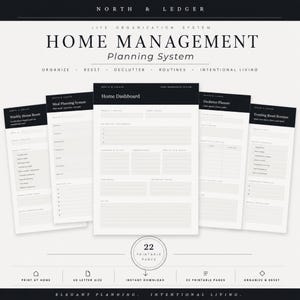 May include: A home management planning system in black and white. The pages include sections for meal planning, decluttering, and daily routines. The text includes "Home Management Planning System" and "22 Printable Pages."