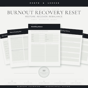 May include: A collection of printable planner pages with the text "BURNOUT RECOVERY RESET". The pages are white with black text and headers. The planner includes sections for restoring, recovering, and rebalancing life. The design is minimalist and elegant.