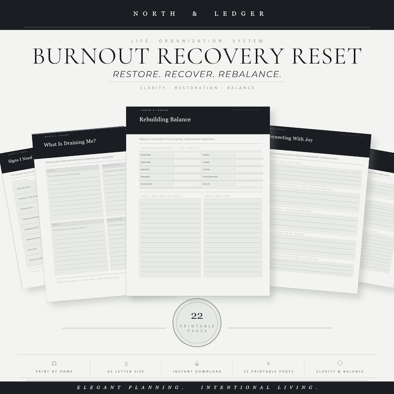 May include: A collection of printable planner pages with the text "BURNOUT RECOVERY RESET". The pages are white with black text and headers. The planner includes sections for restoring, recovering, and rebalancing life. The design is minimalist and elegant.