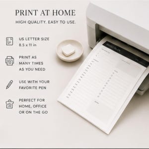 May include: A white printer printing a daily plan on US Letter size paper, 8.5 x 11 inches. The text on the paper reads "DAILY PLAN". The image also includes text that says "PRINT AT HOME" and "HIGH QUALITY. EASY TO USE."