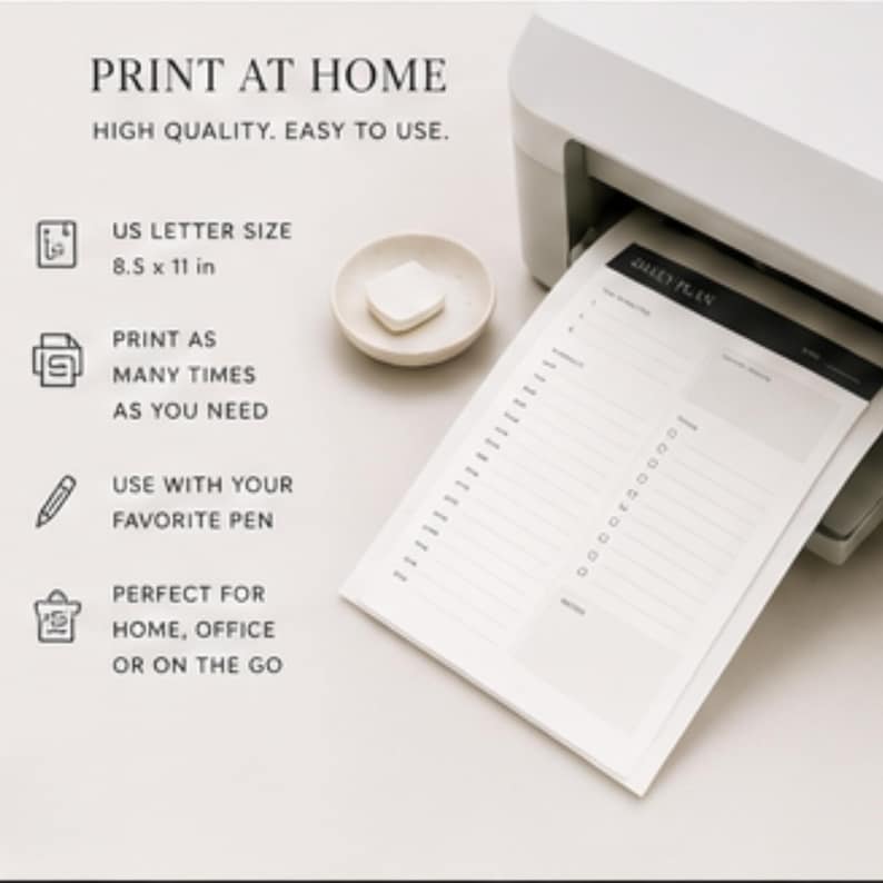 May include: A white printer printing a daily plan on US Letter size paper, 8.5 x 11 inches. The text on the paper reads "DAILY PLAN". The image also includes text that says "PRINT AT HOME" and "HIGH QUALITY. EASY TO USE."