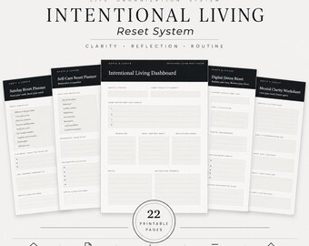 Intentional Living Reset System | 22 Printable Wellness & Reflection Pages | Digital Detox Planner | Self Care Planner | Calm Productivity