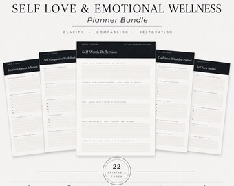 Self Love & Emotional Wellness Printable Bundle | Self Care Workbook | Self Worth Planner | Guided Reflection Journal PDF