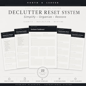 May include: A collection of printable decluttering pages with the text "DECLUTTER RESET SYSTEM". The pages include checklists, dashboards, and worksheets for home and digital decluttering. The design is minimalist with a black and white color scheme.