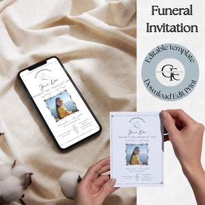 May include: A funeral invitation template with the text "In Loving Memory of Jane Doe" and a photo. The invitation is displayed on a smartphone and held in a person's hand. The words "Funeral Invitation" are at the top.