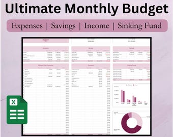 Rastreador de presupuesto digital Ultimate Pink con fondos de amortización y registro de transacciones