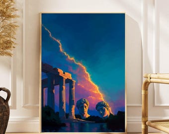 Ancient Greek Roman Statue Poster: Dramatic Lightning Sky, Historical Decor