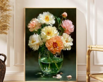 Peonies in Glass Vase Art Print: Impressionistic Floral Wall Art | Beautiful Flower Home Decor