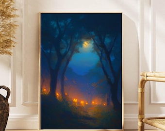 Haunted Forest Halloween Poster – Jack-o'-Lanterns, Spooky Home Decor