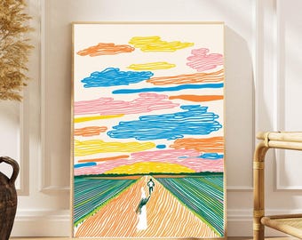 Abstrakte Landschaft Poster: Bunte Straße, lebendiger Himmel Linienkunst