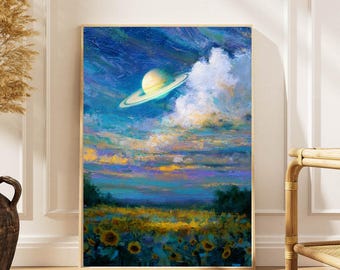 Saturn Sunflower Field Poster: Vintage Cosmic Impressionist Art