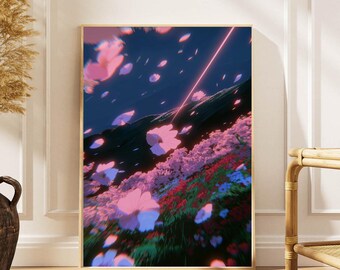 Japanese Vintage Flower Field Art Print: Retor Flower Decor, Flower Lovers Gift, Anime Flower Wall Art