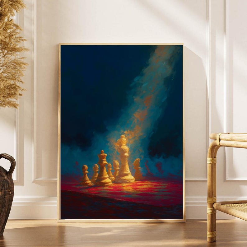 K&ouml;nnte beinhalten: Gerahmter Kunstdruck mit einem Schachspiel, das von einem Lichtstrahl vor einem dunkelblauen Hintergrund beleuchtet wird. Die Schachfiguren sind in Gold- und Wei&szlig;t&ouml;nen gehalten und stehen auf einer rot-orangen Oberfl&auml;che.