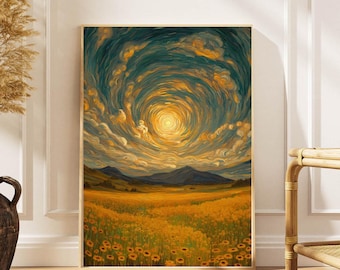 Van Gogh Sunflower Field Poster: Impressionistic Landscape Wall Art