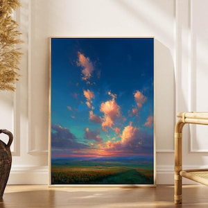 Könnte beinhalten: Gerahmtes Landschaftsgemälde, das einen Sonnenuntergang über einem Sonnenblumenfeld zeigt. Der Himmel wechselt von tiefem Blau zu Orange und Rosa, mit flauschigen Wolken. Das Kunstwerk wird in einem Raum mit neutraler Farbpalette ausgestellt.