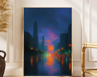 Impressionist Night City Sunset Poster: Modern Urban Wall Art