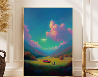Retro Pickup Truck Landscape Poster: Colorful Valley, UFO Art