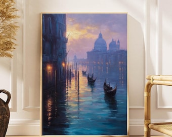 May include: A framed painting depicts a Venetian canal scene. Gondolas float on the water, reflecting the soft glow of the sunset and the lights of the buildings. The artwork features a palette of blues, purples, and golds, creating a serene and romantic atmosphere.