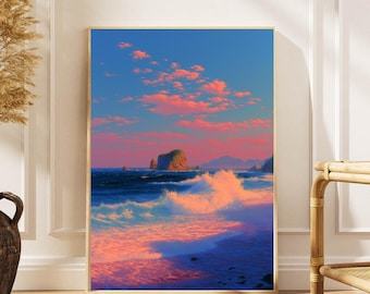 Vintage Beach at Sunset Art Print: Retro Nature Art, Cozy Beach Wall Art, Japanese Beach Home Decor, Beach with Waves Art