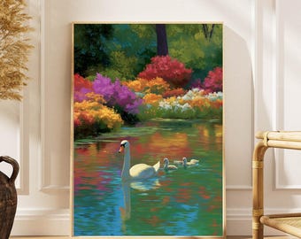 Beautiful White Swan in Lake Art Print: Colourful Swan Portrait Painting Print | Gift for Swan Lovers | Swan Wall Art | Animal Home Decor