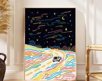 Cosmic Road Trip Poster: Regenbogen Landschaft, sternenklarer Nachthimmel