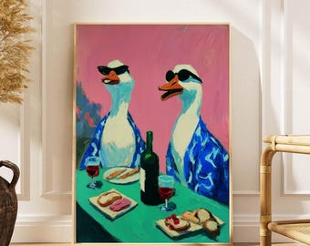 Wine & Ducks Dinning Art Print: Retro Animal Poster | Fun Kitchen Decor | Animal Lovers Gift