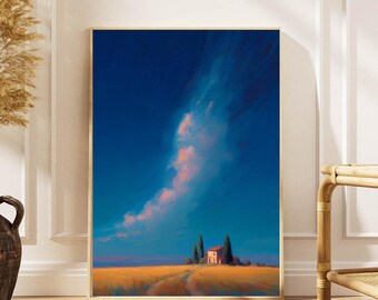 Impressionist Farmhouse Poster: Golden Fields Landscape Wall Art